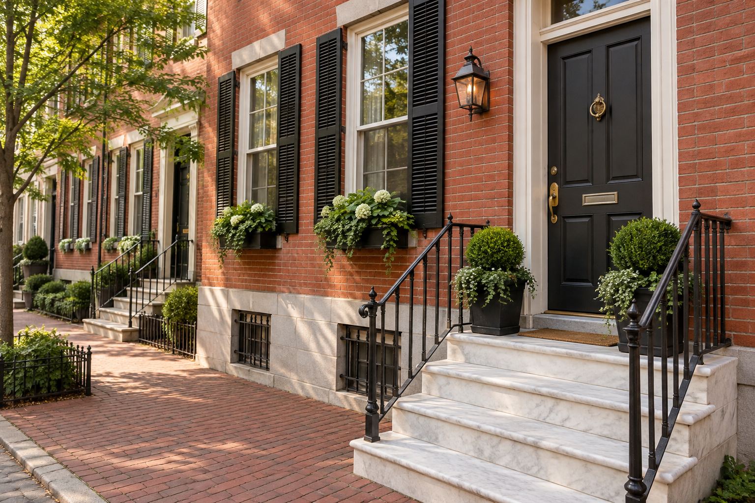 A restored Philadelphia rowhome with marble steps, illustrative