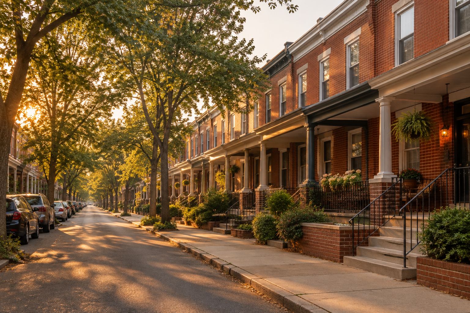 A tree lined Philadelphia rowhome street, illustrative