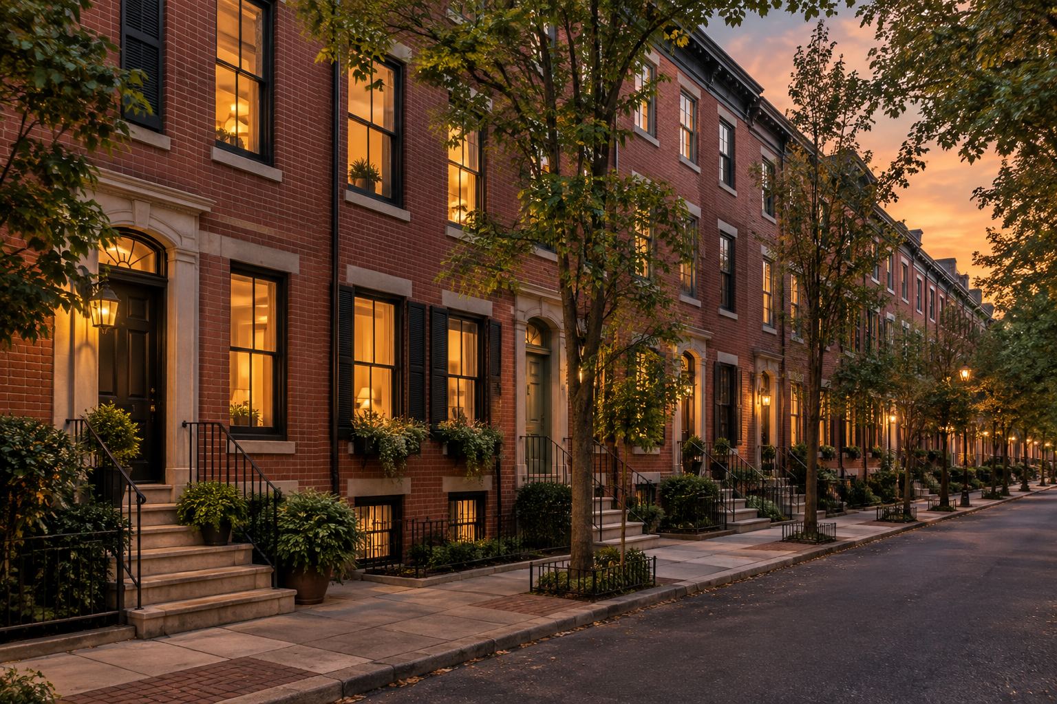 Renovated Philadelphia rowhomes at dusk, illustrative